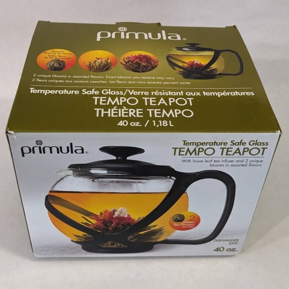 Primula Tempo Glass Teapot 40oz w/ Stainless Infuser & Tea Flowers PTA-2340 NIB